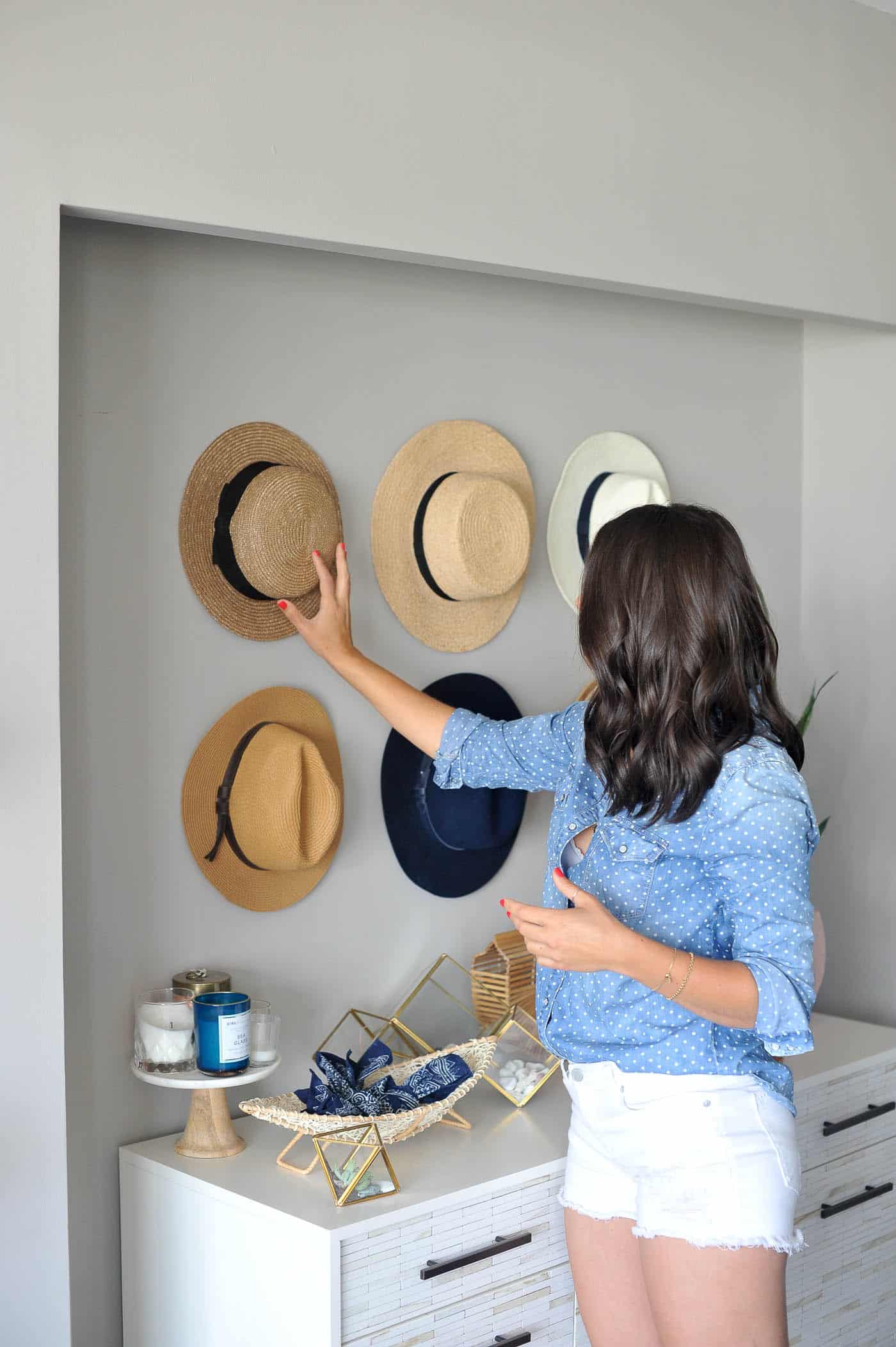 Hat wall ideas, how to style a buffet, affordable home decor ideas - My Style Vita @mystylevita