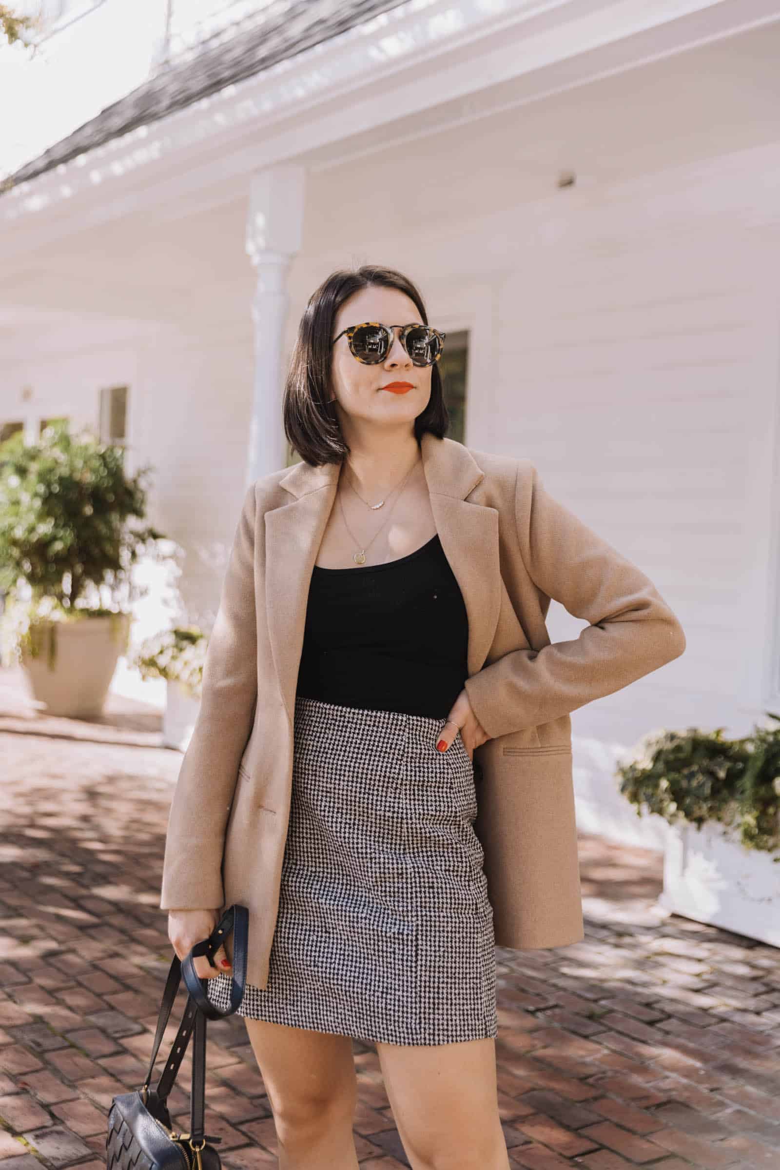 camel blazer and mini skirt outfit