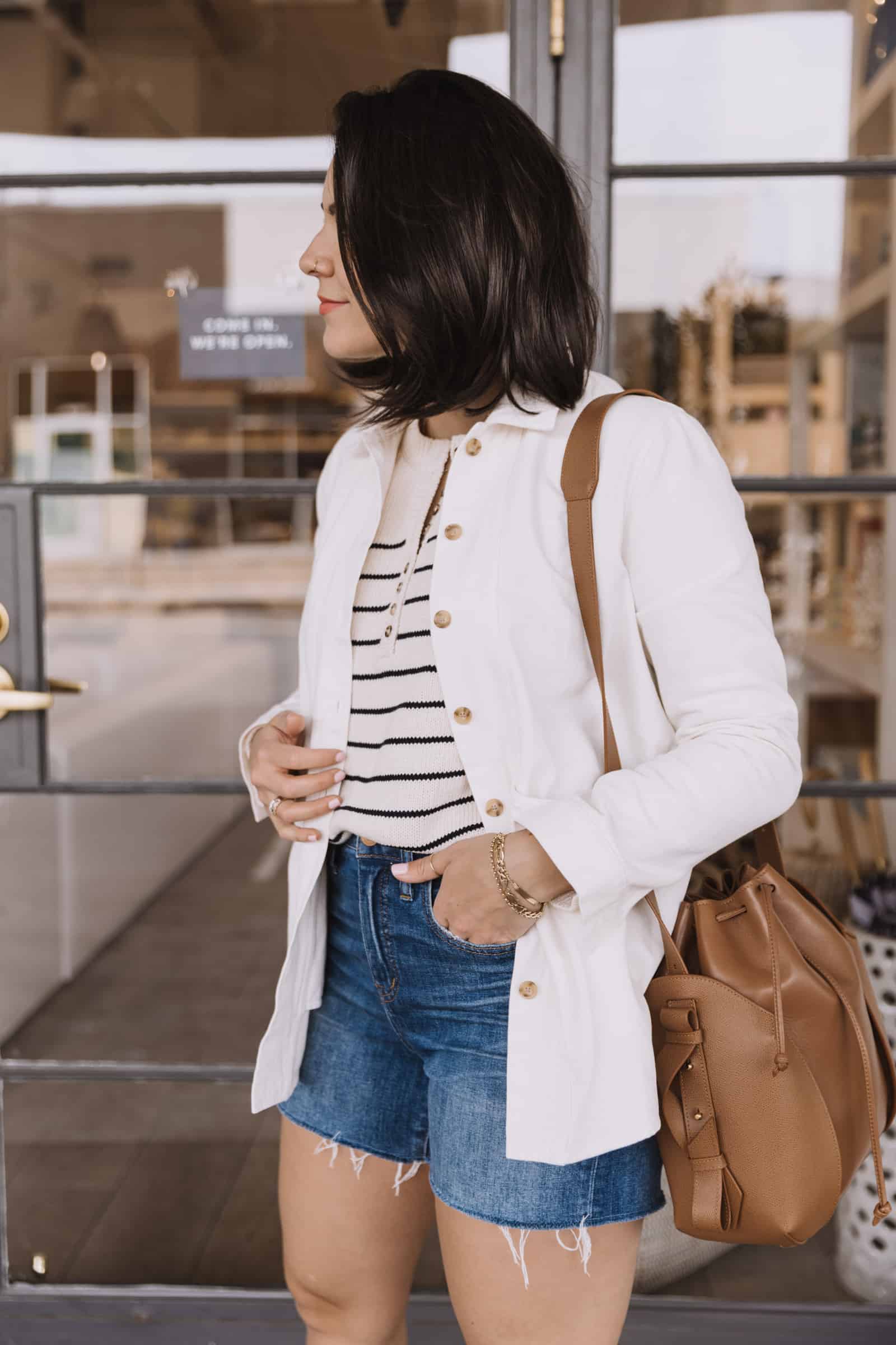 Sezane will jacket with denim shorts