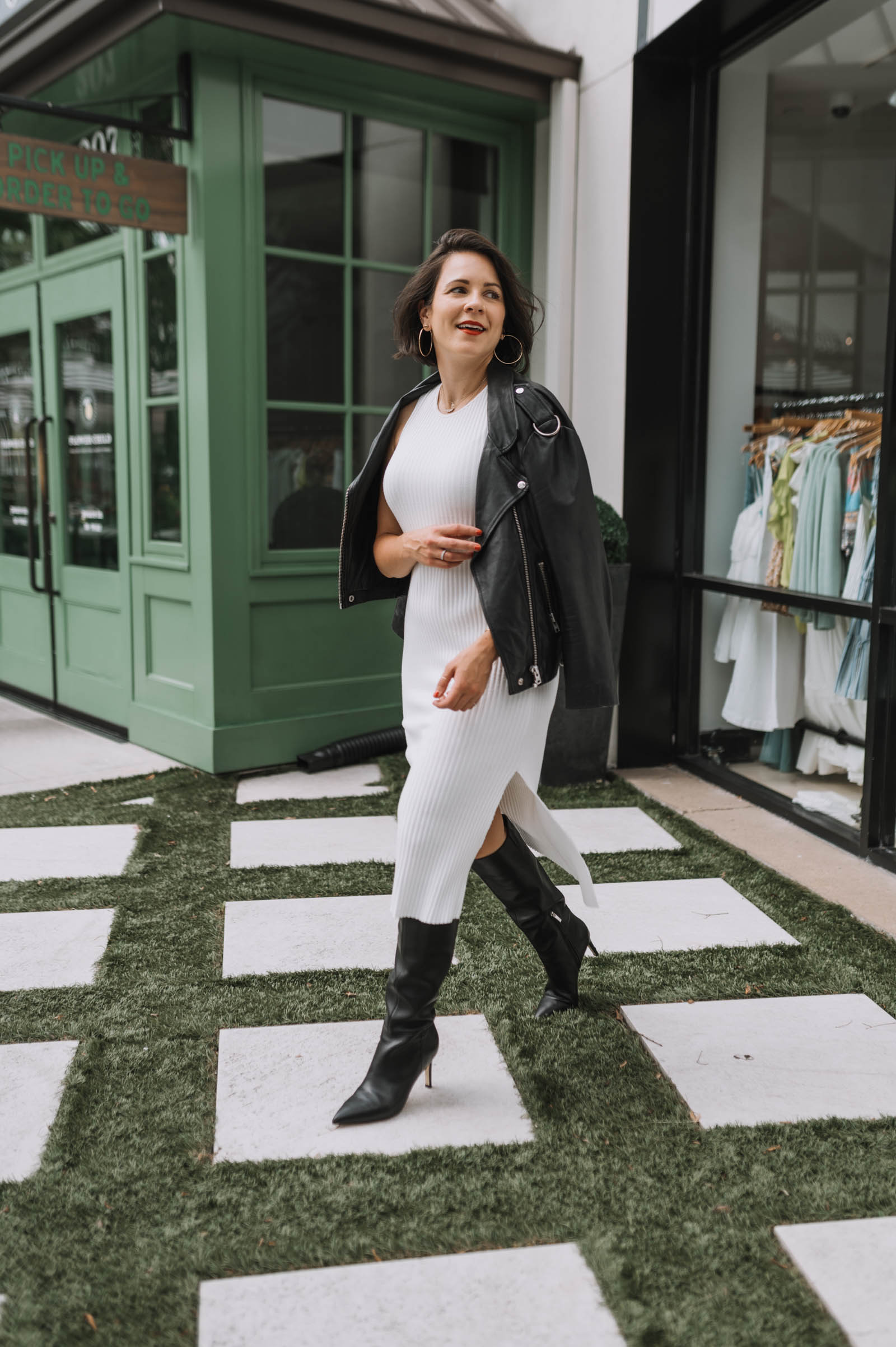 black knee high boots with a white dress