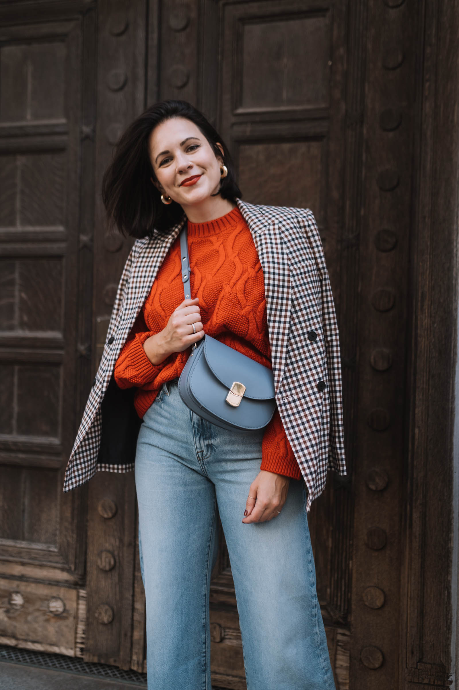 dusty blue and red outfit idea