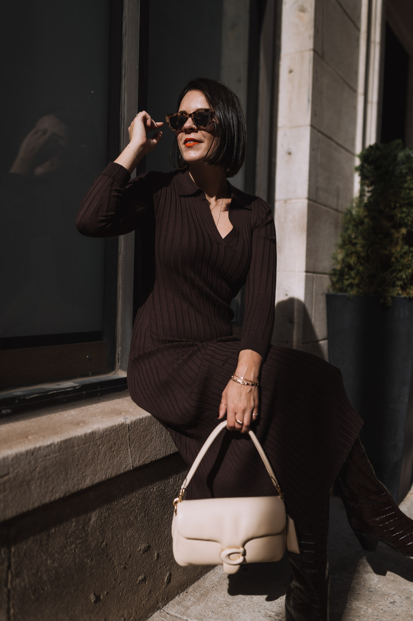 brown collared midi dress