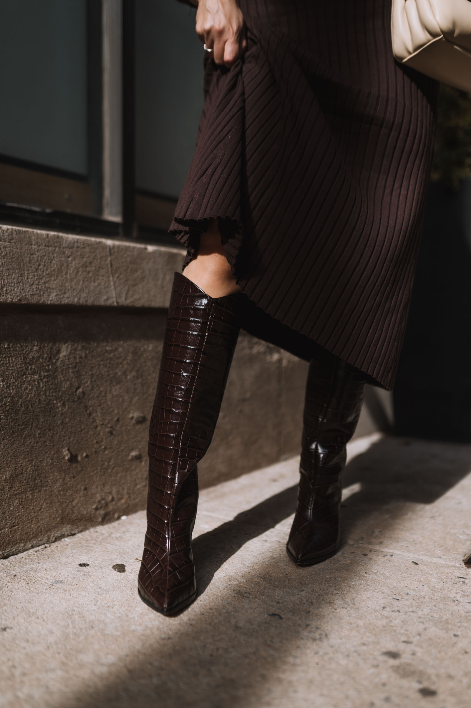 brown snakeskin knee high boots