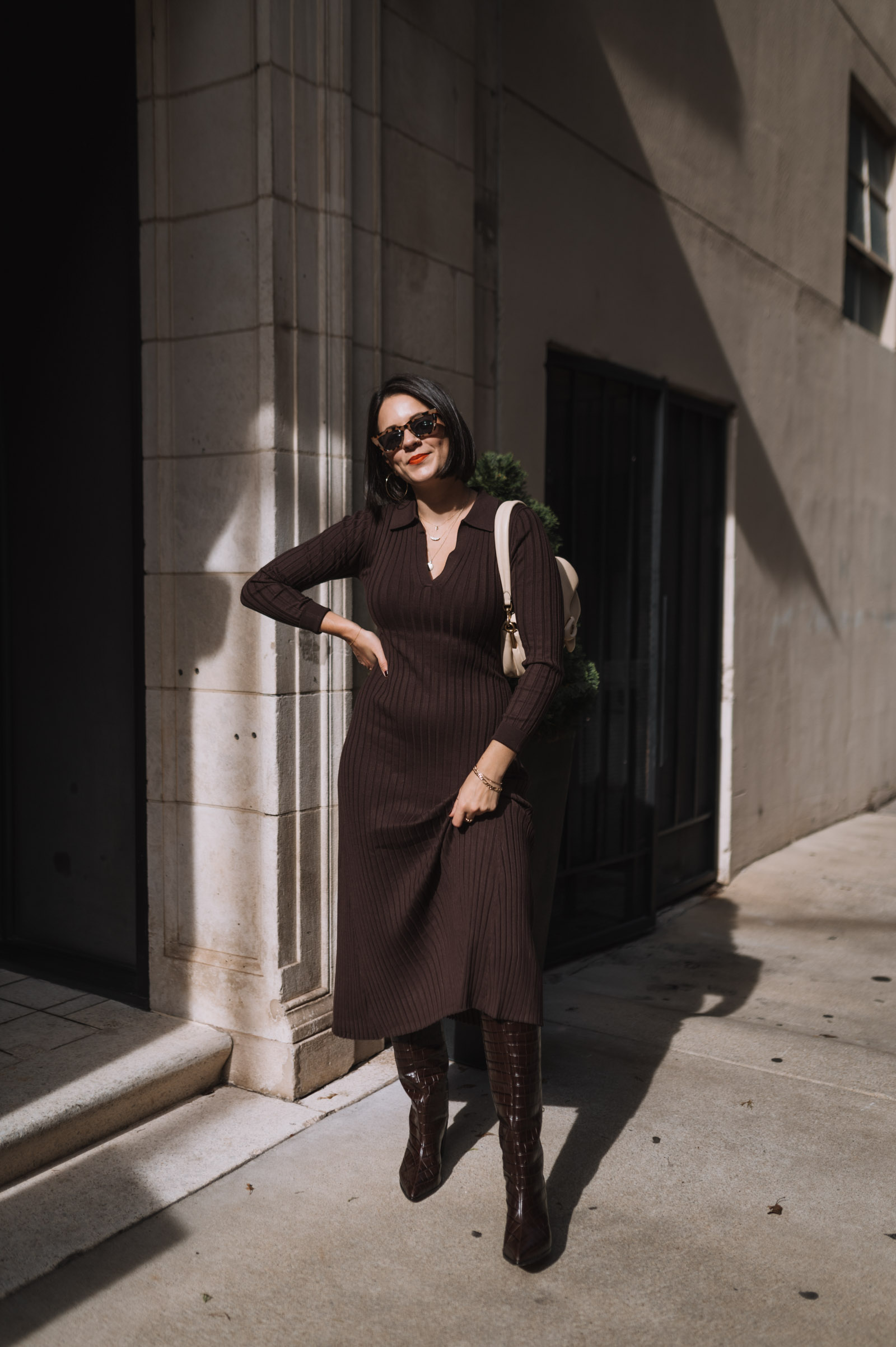 jessica camerata wears a LOFT midi dress and Schutz boots
