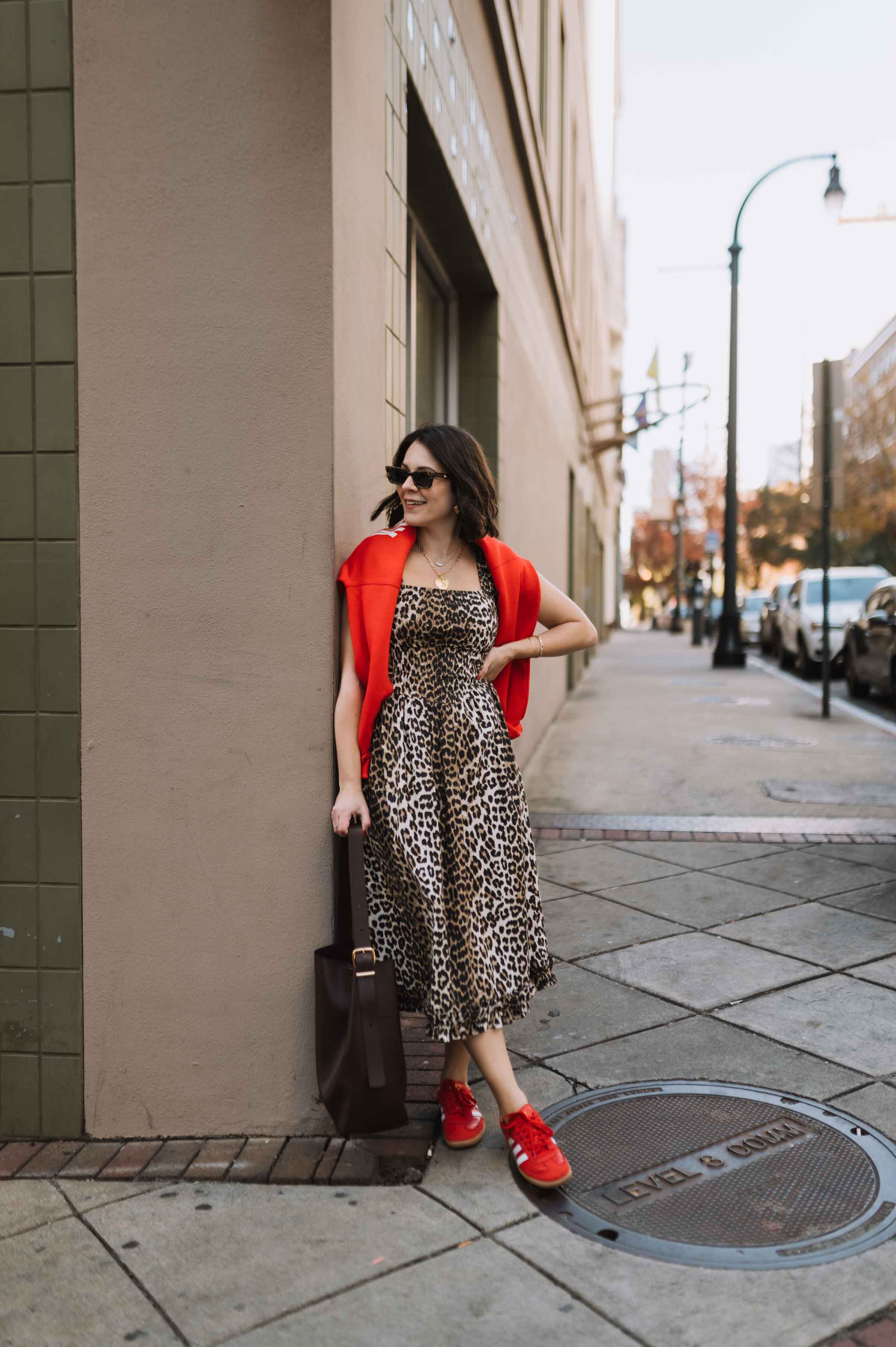 leopard dress with sneakers for fall