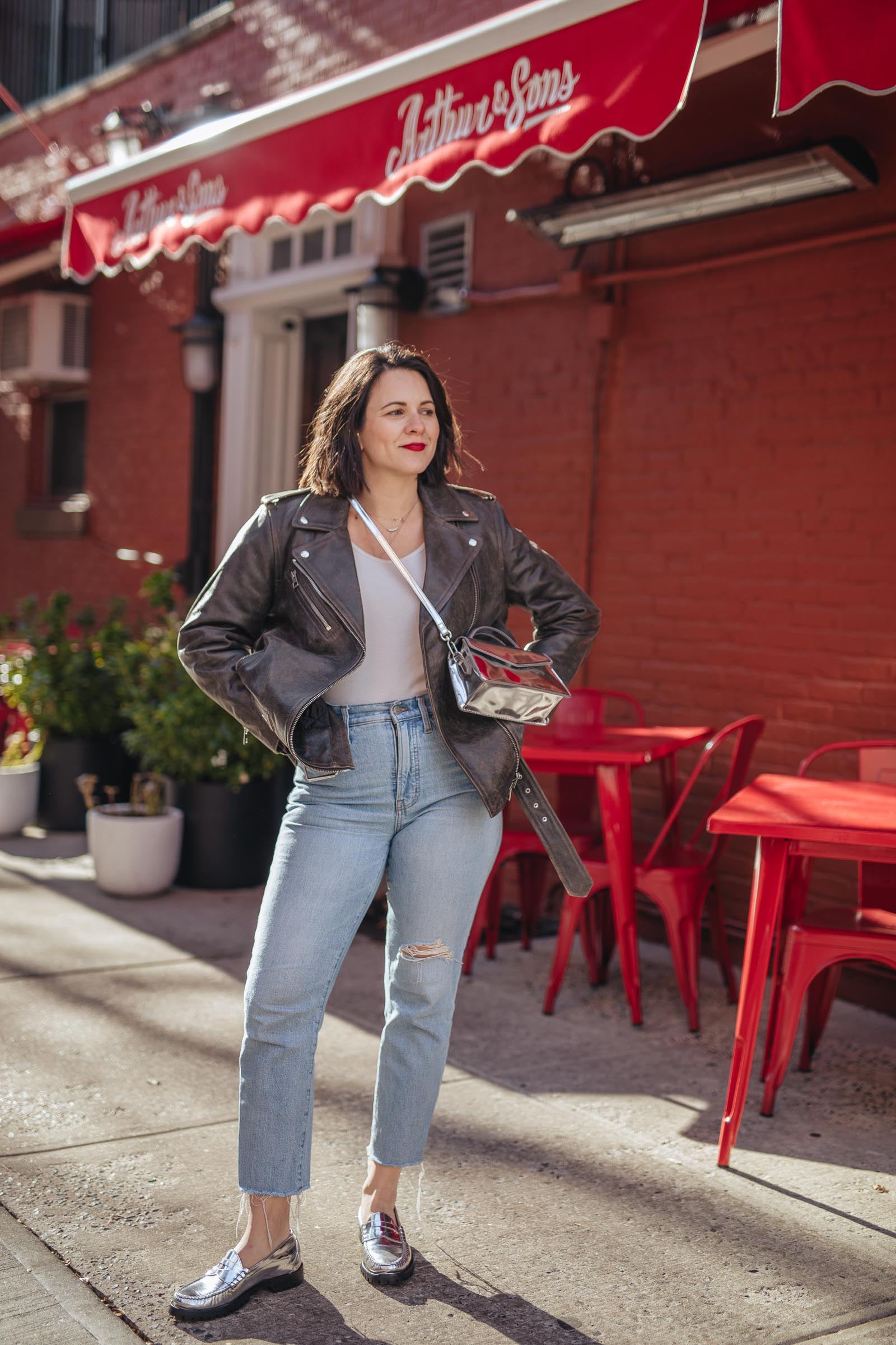 spring outift idea for new york city in leather jackets