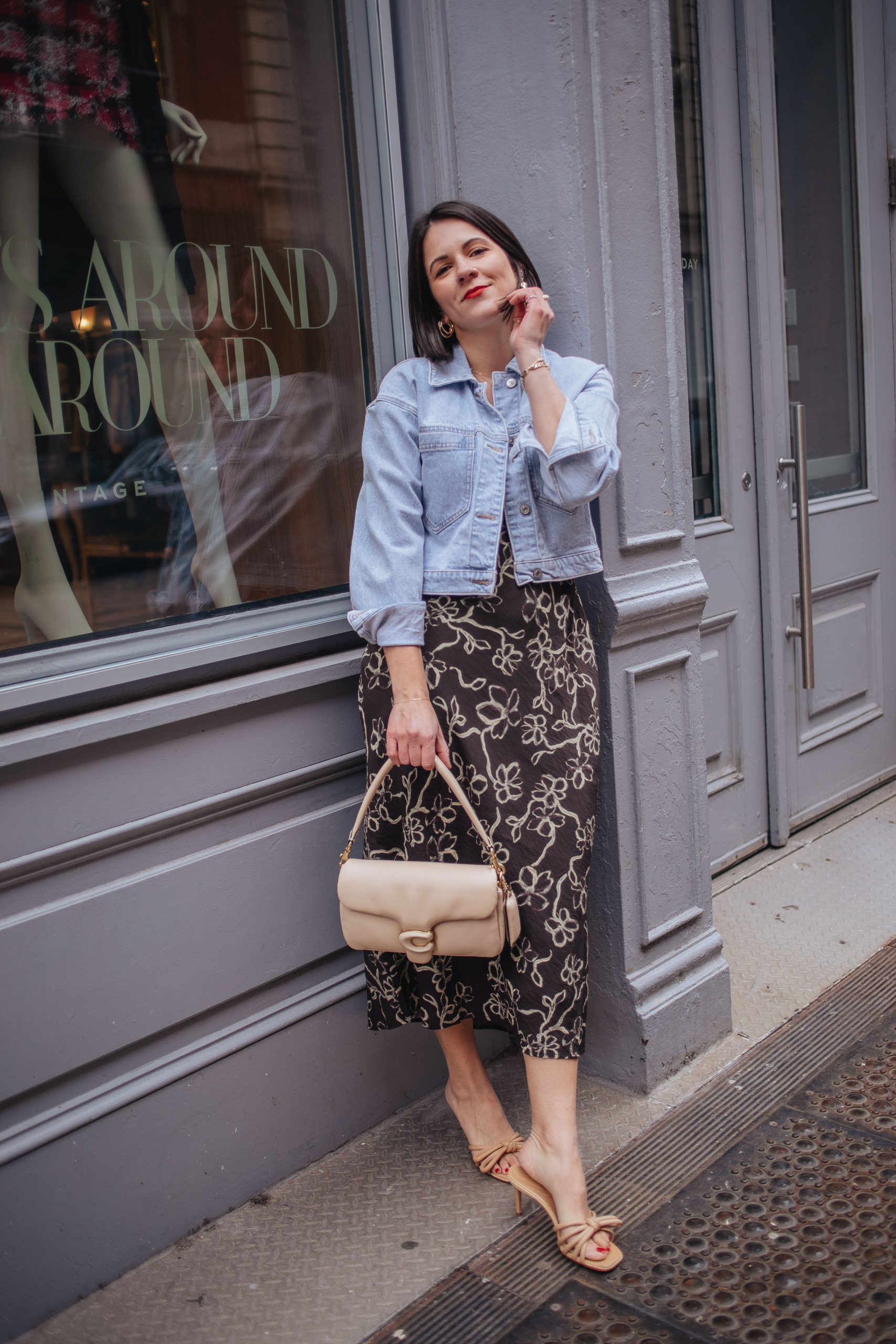 what to wear to dinner in nyc for spring - midi dress with a denim jacket