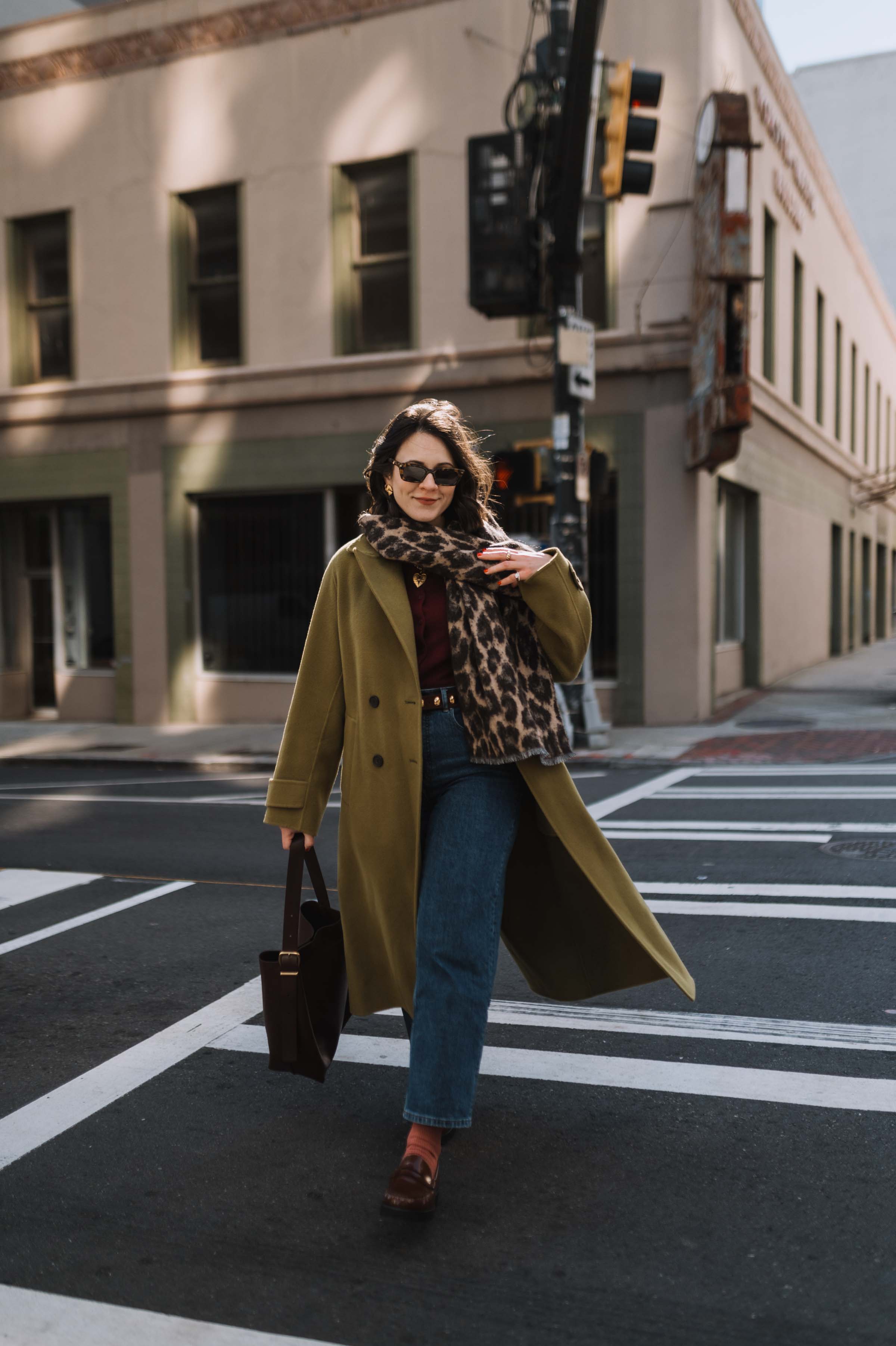 winter outfit with loafers and jeans, add socks to loafers with jeans