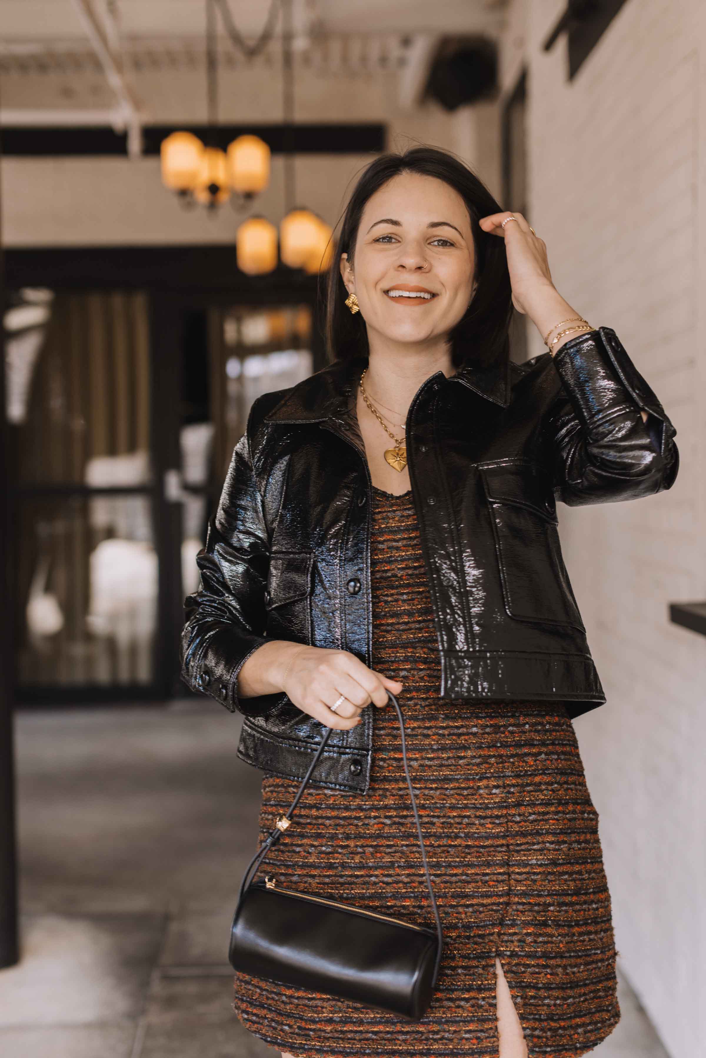 mini tweed dress with a cropped shiny leather jacket