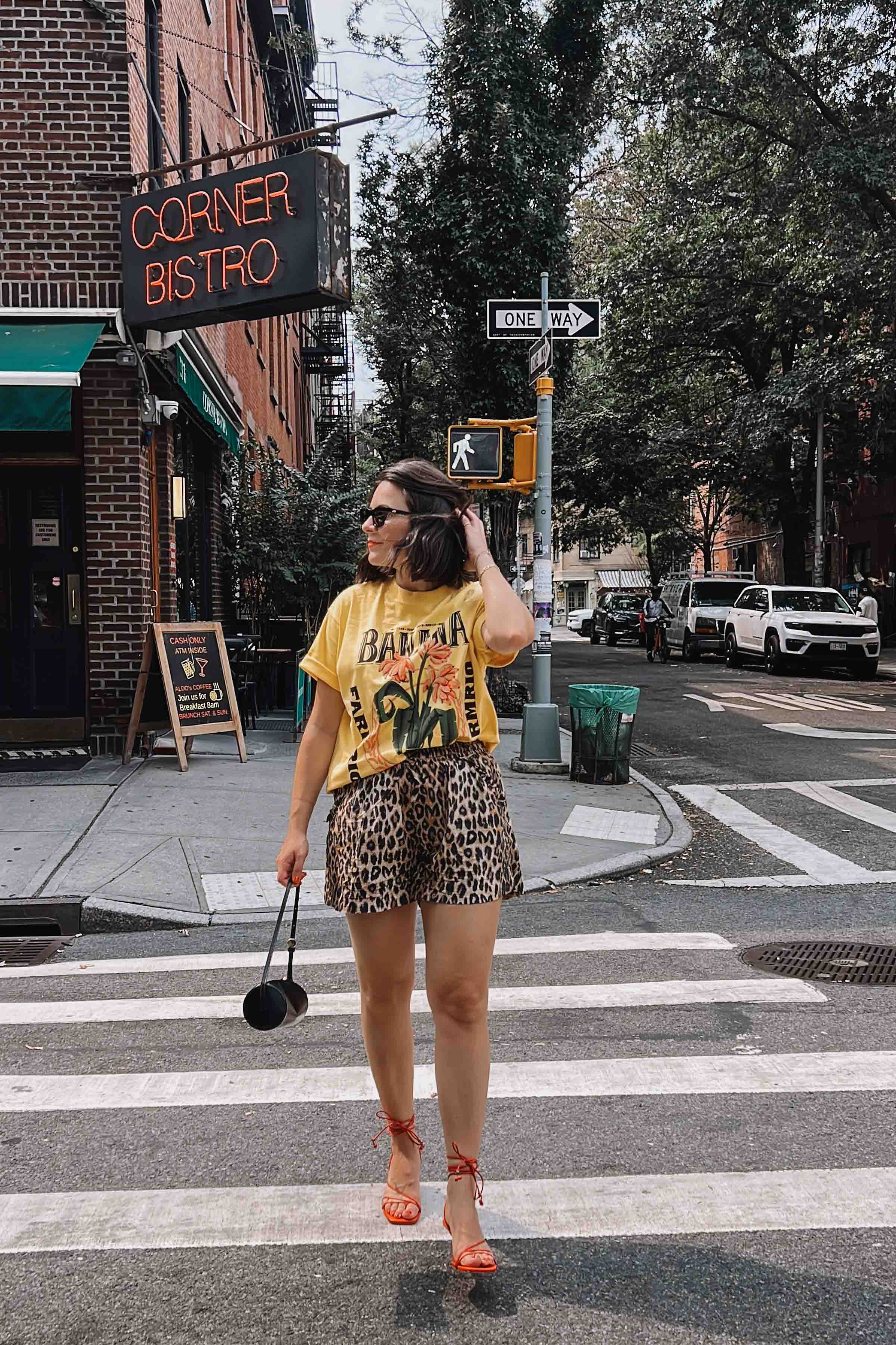 leopard shorts and graphic t-shirt for date night in nyc